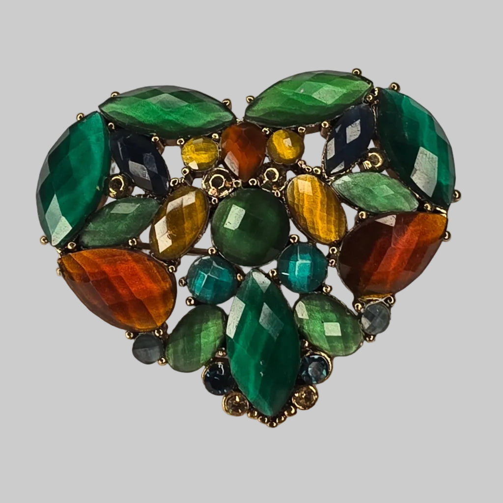 Liz Claiborne Faceted Amber and Green Rhinestone Heart Brooch