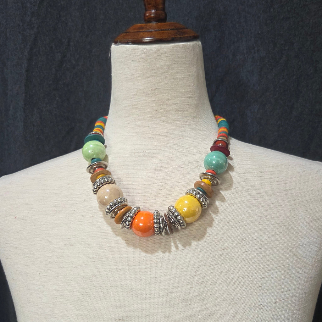 Multicolored Wooden Bead Statement Necklace