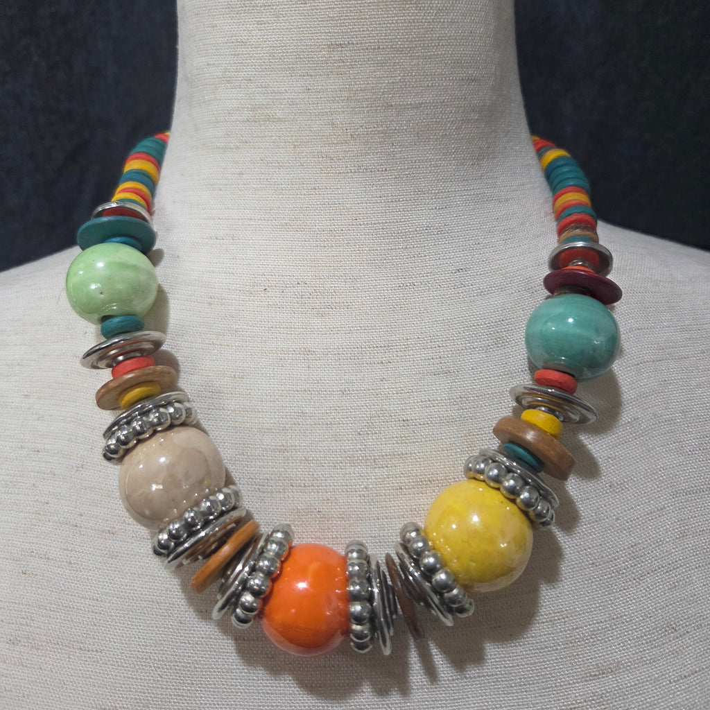 Multicolored Wooden Bead Statement Necklace