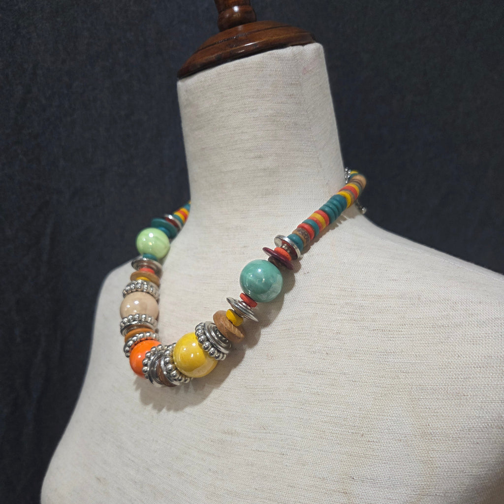 Multicolored Wooden Bead Statement Necklace