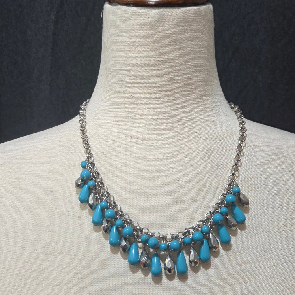Silver Toned and Blue Beaded Necklace