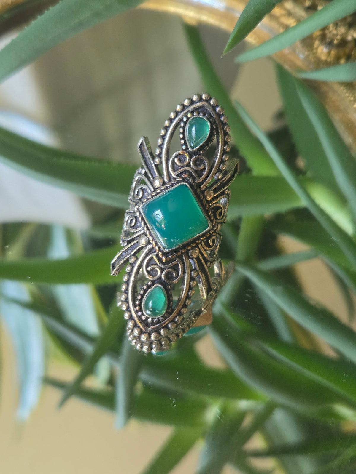 Elongated Sterling Silver and Green Cabochon Ring Sz 7