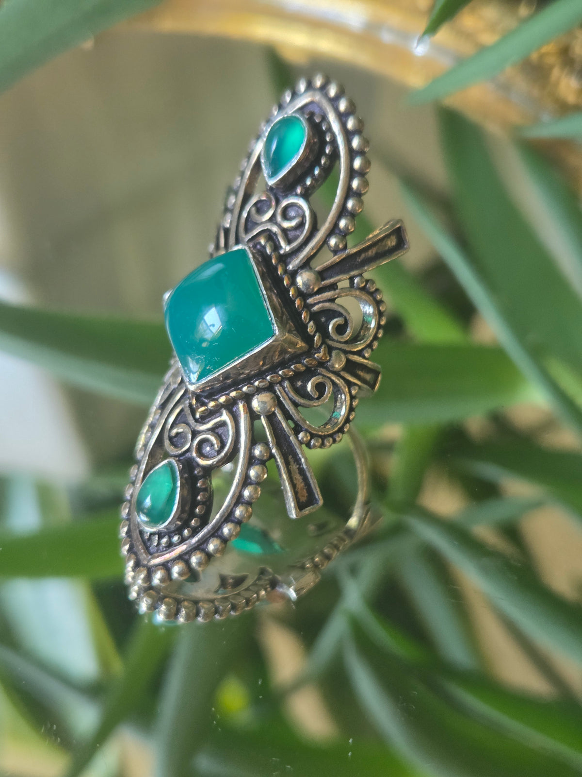 Elongated Sterling Silver and Green Cabochon Ring Sz 7