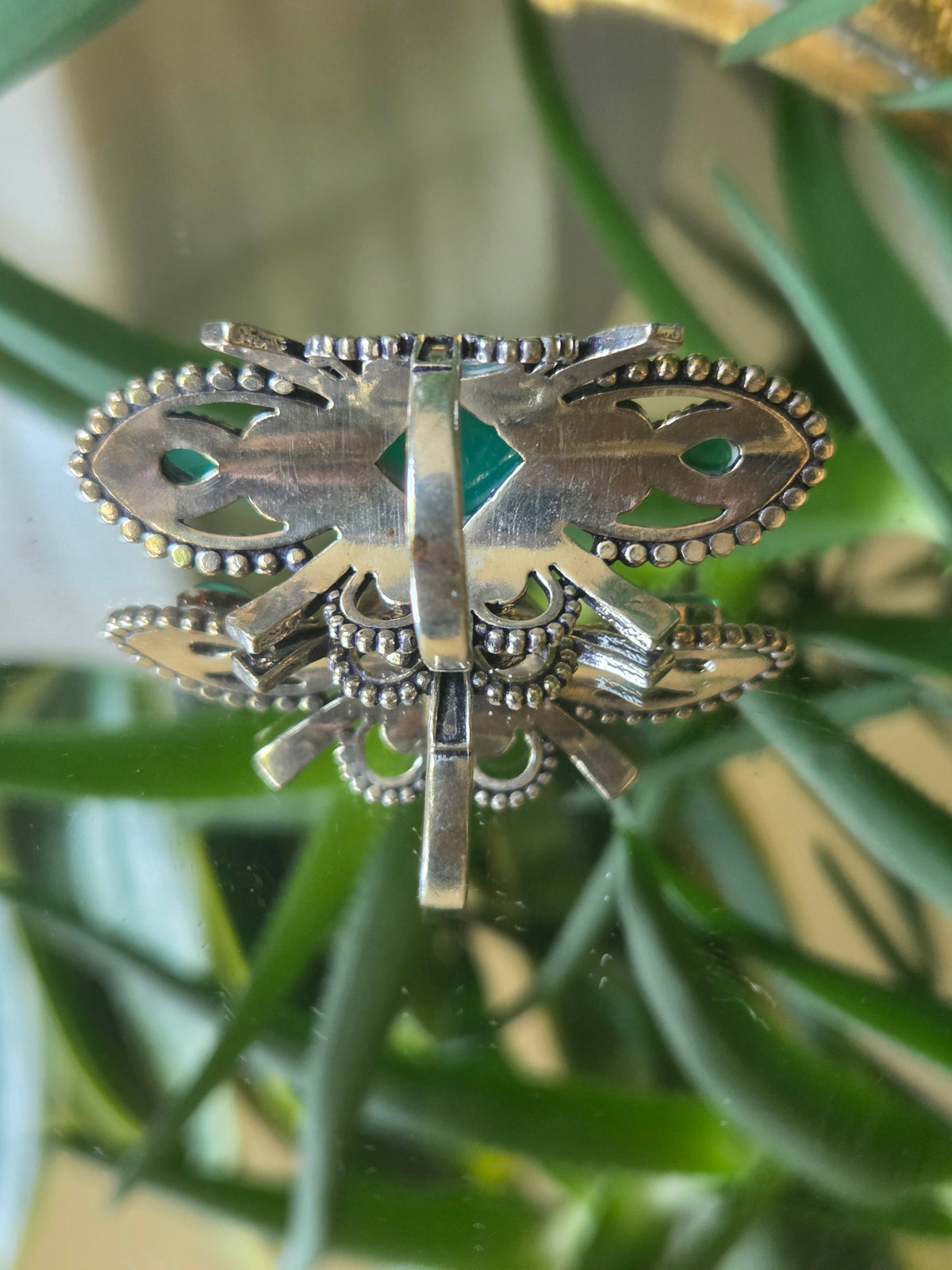 Elongated Sterling Silver and Green Cabochon Ring Sz 7