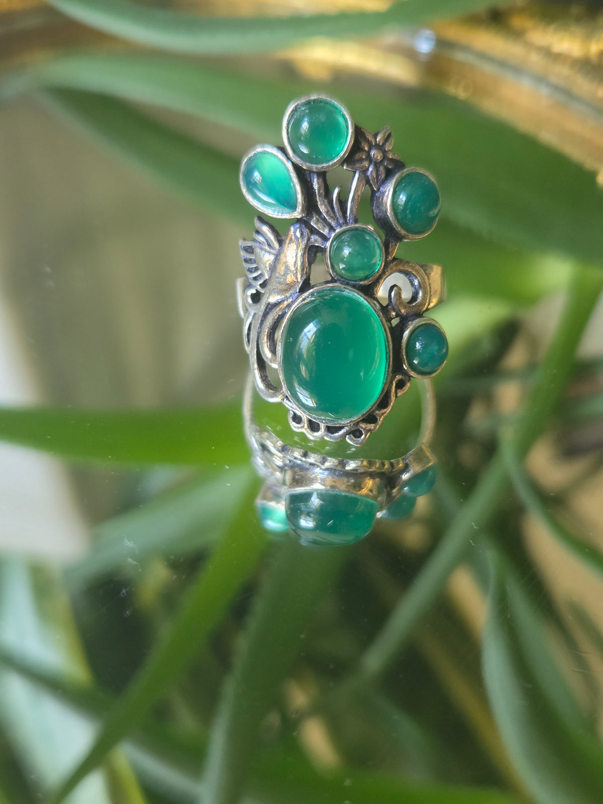 Bird in The Bush Sterling Silver and Green Cabochon Ring Sz 7