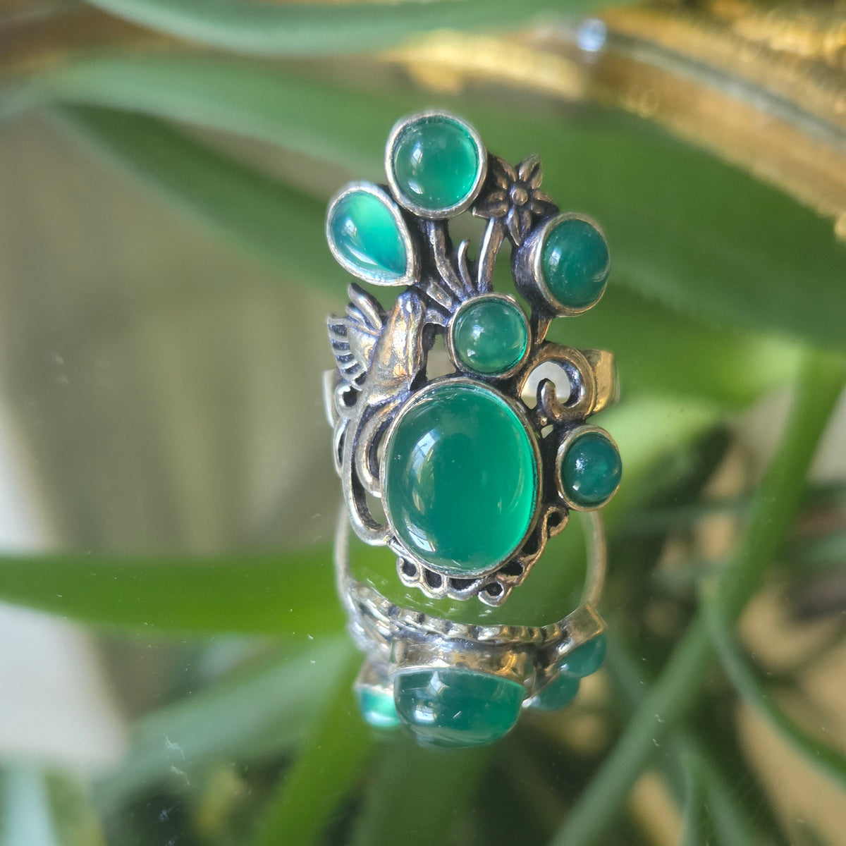 Bird in The Bush Sterling Silver and Green Cabochon Ring Sz 7