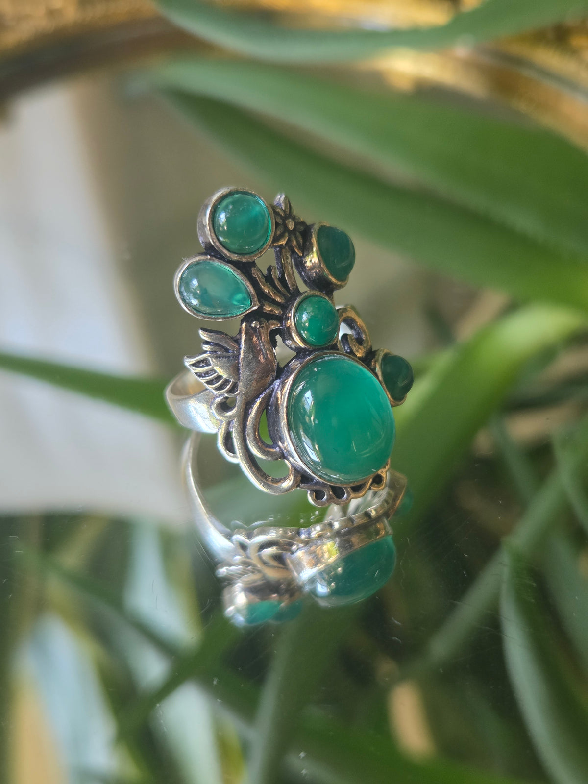 Bird in The Bush Sterling Silver and Green Cabochon Ring Sz 7