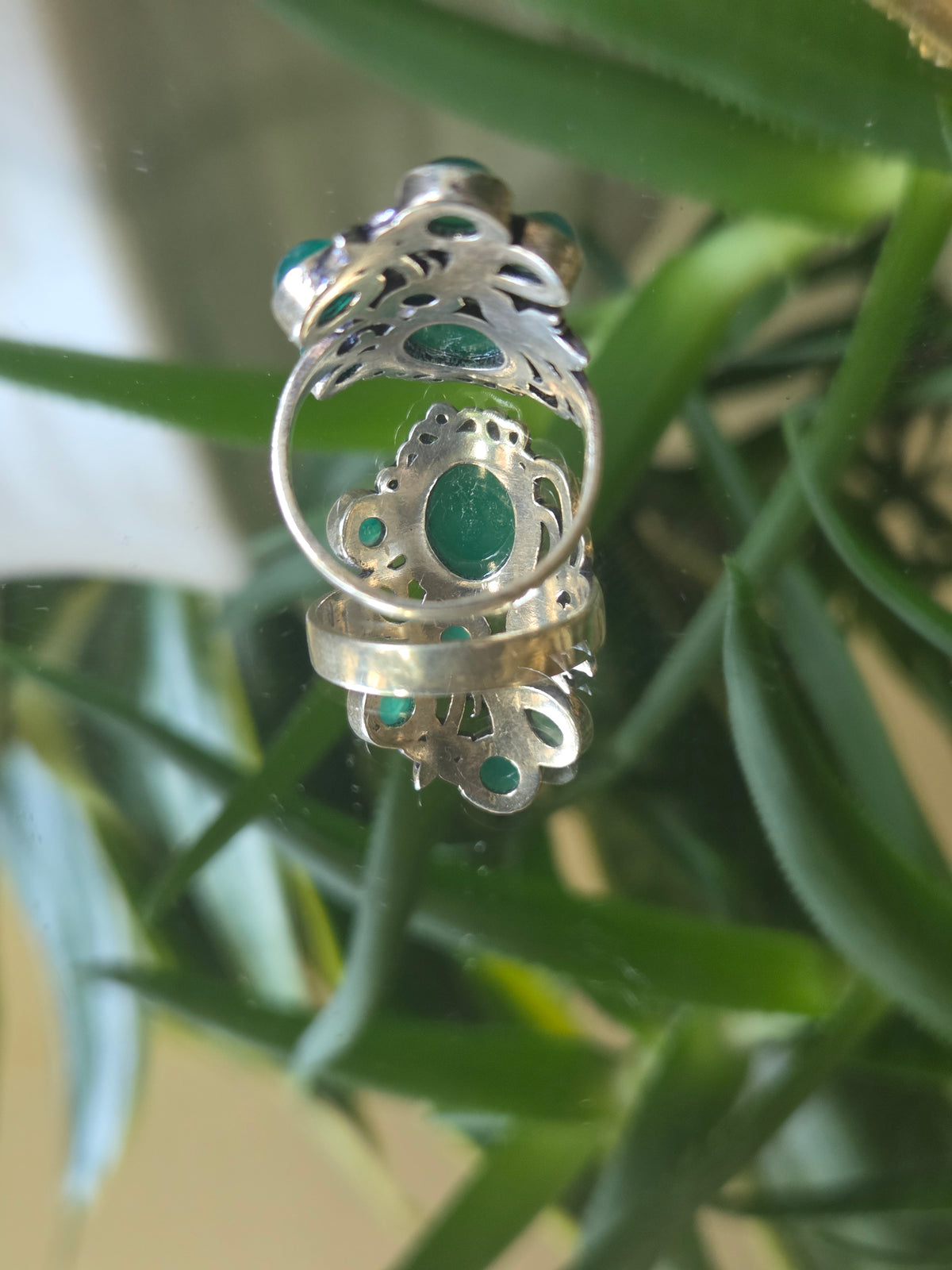 Bird in The Bush Sterling Silver and Green Cabochon Ring Sz 7