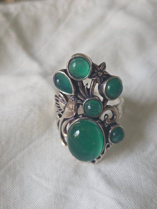 Bird in The Bush Sterling Silver and Green Cabochon Ring Sz 7