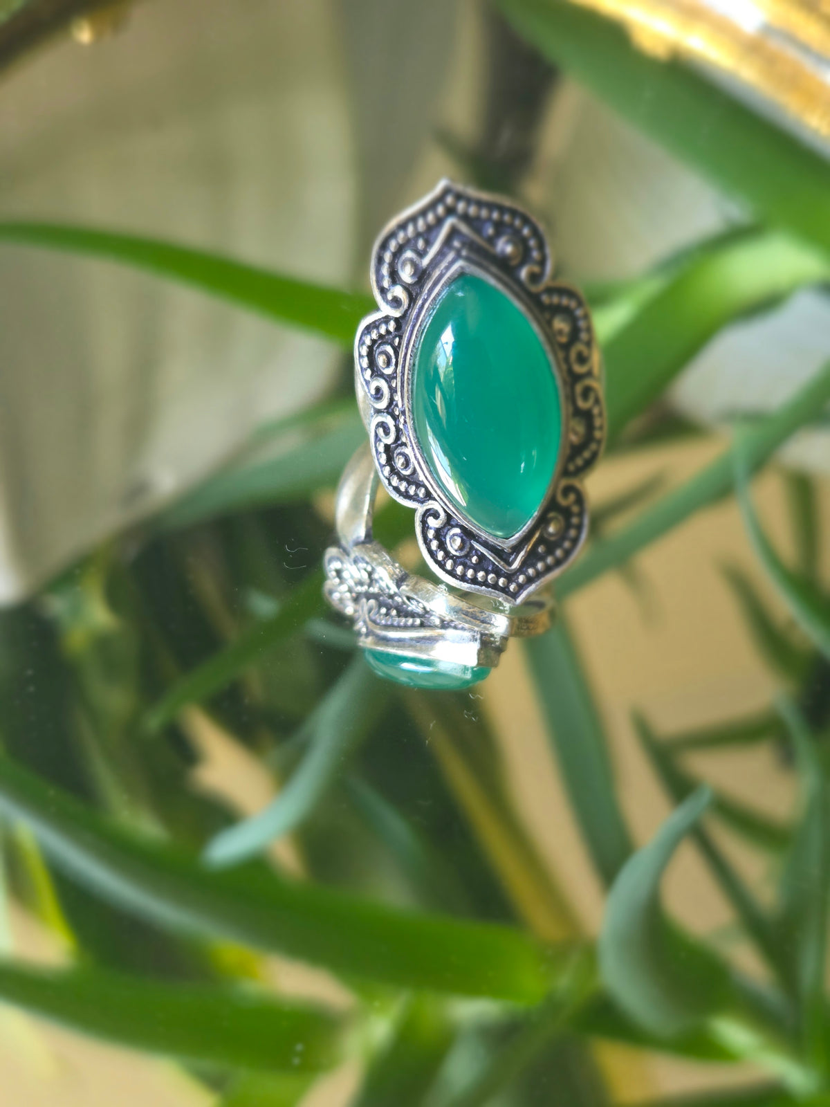 Sterling Silver and Green Cabochon Ring Sz 6