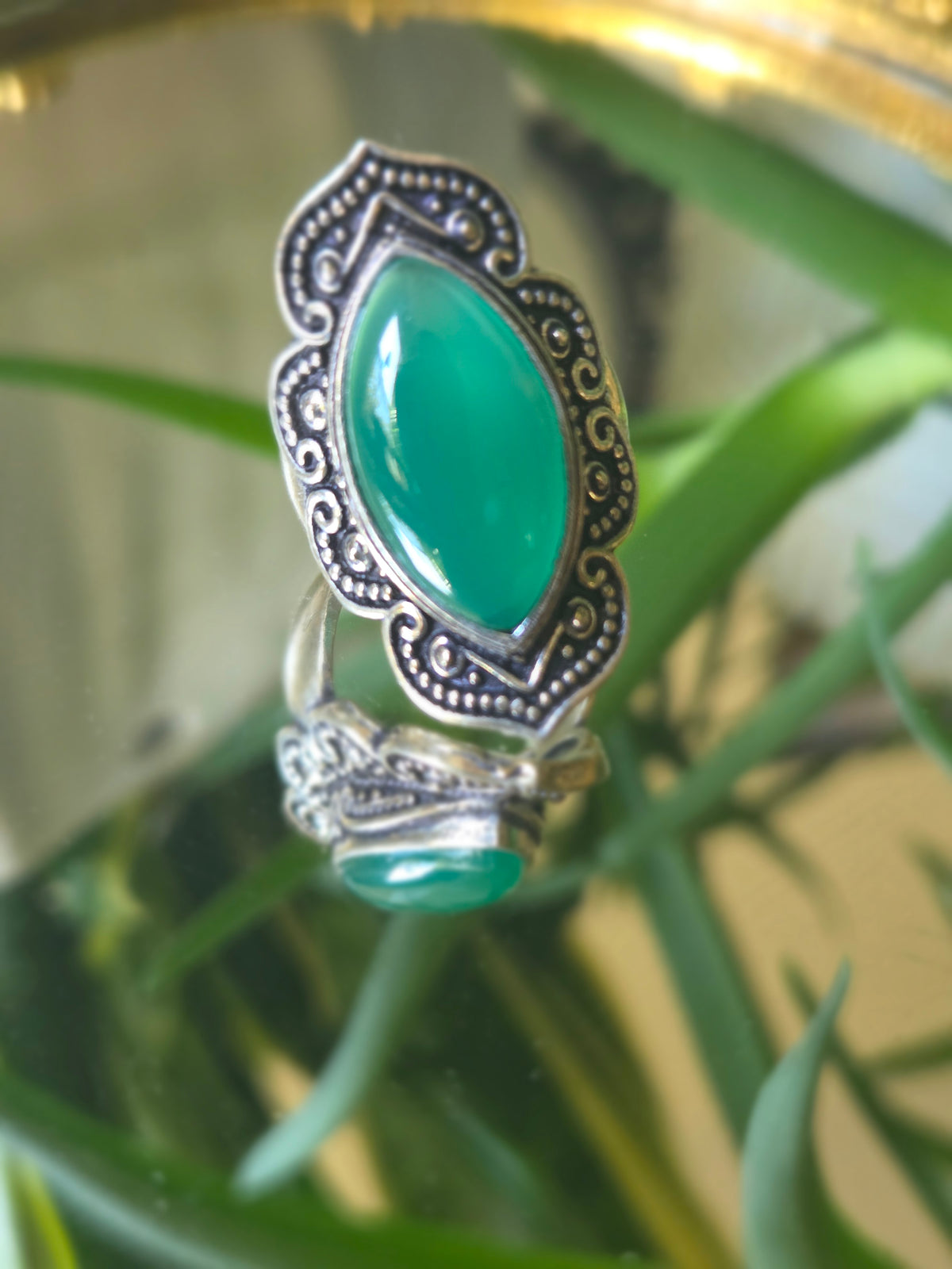 Sterling Silver and Green Cabochon Ring Sz 6