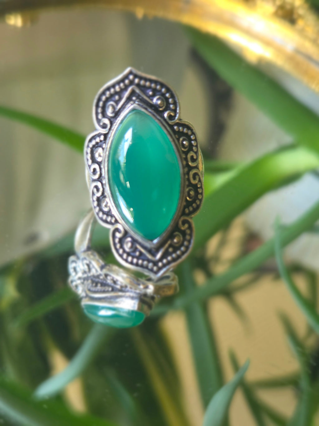 Sterling Silver and Green Cabochon Ring Sz 6