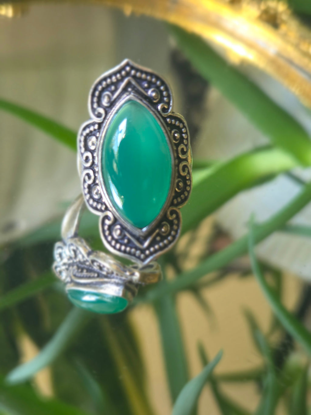 Sterling Silver and Green Cabochon Ring Sz 6