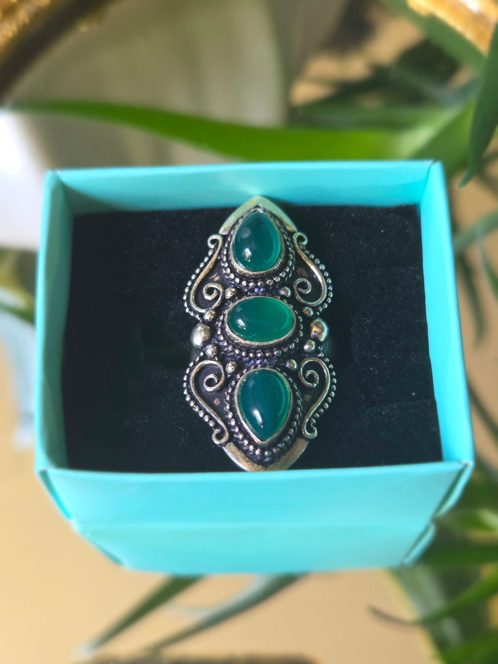 Large Sterling Silver and Green Cabochon Ring Sz 8