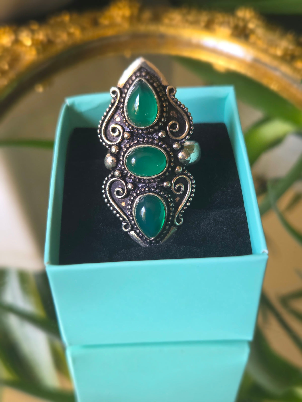 Large Sterling Silver and Green Cabochon Ring Sz 8