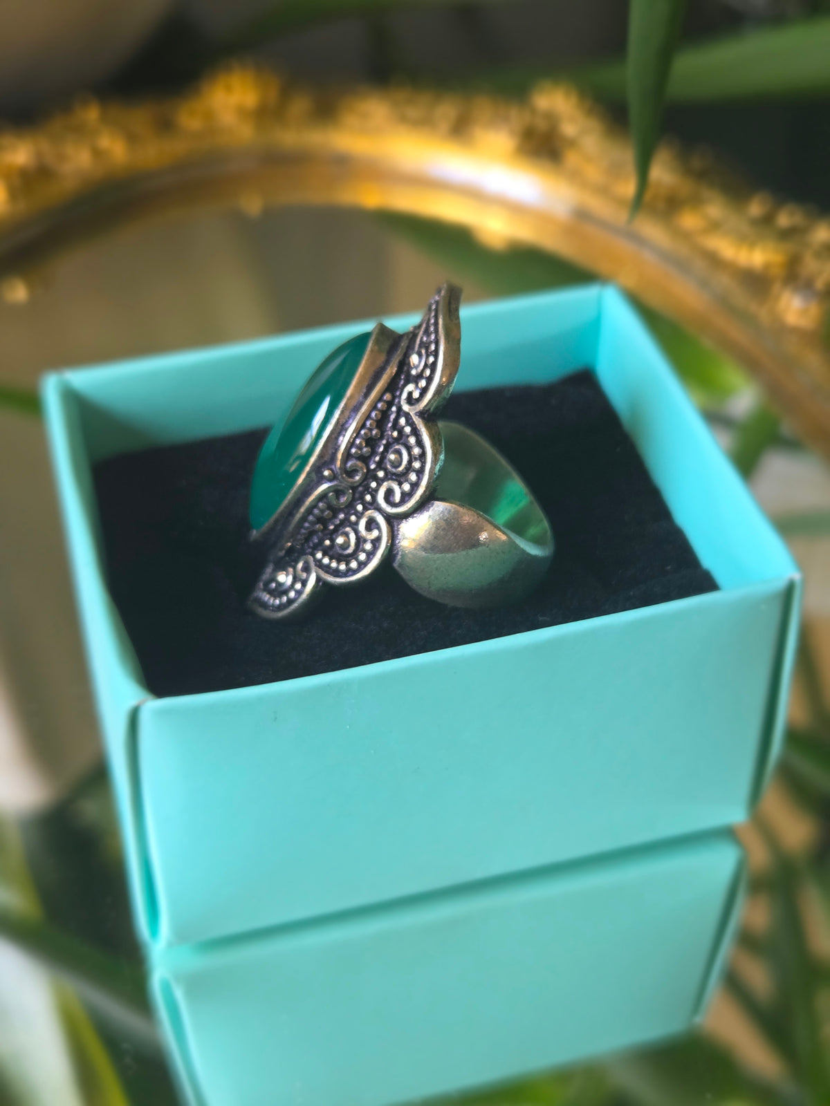 Sterling Silver and Green Cabochon Ring Sz 6