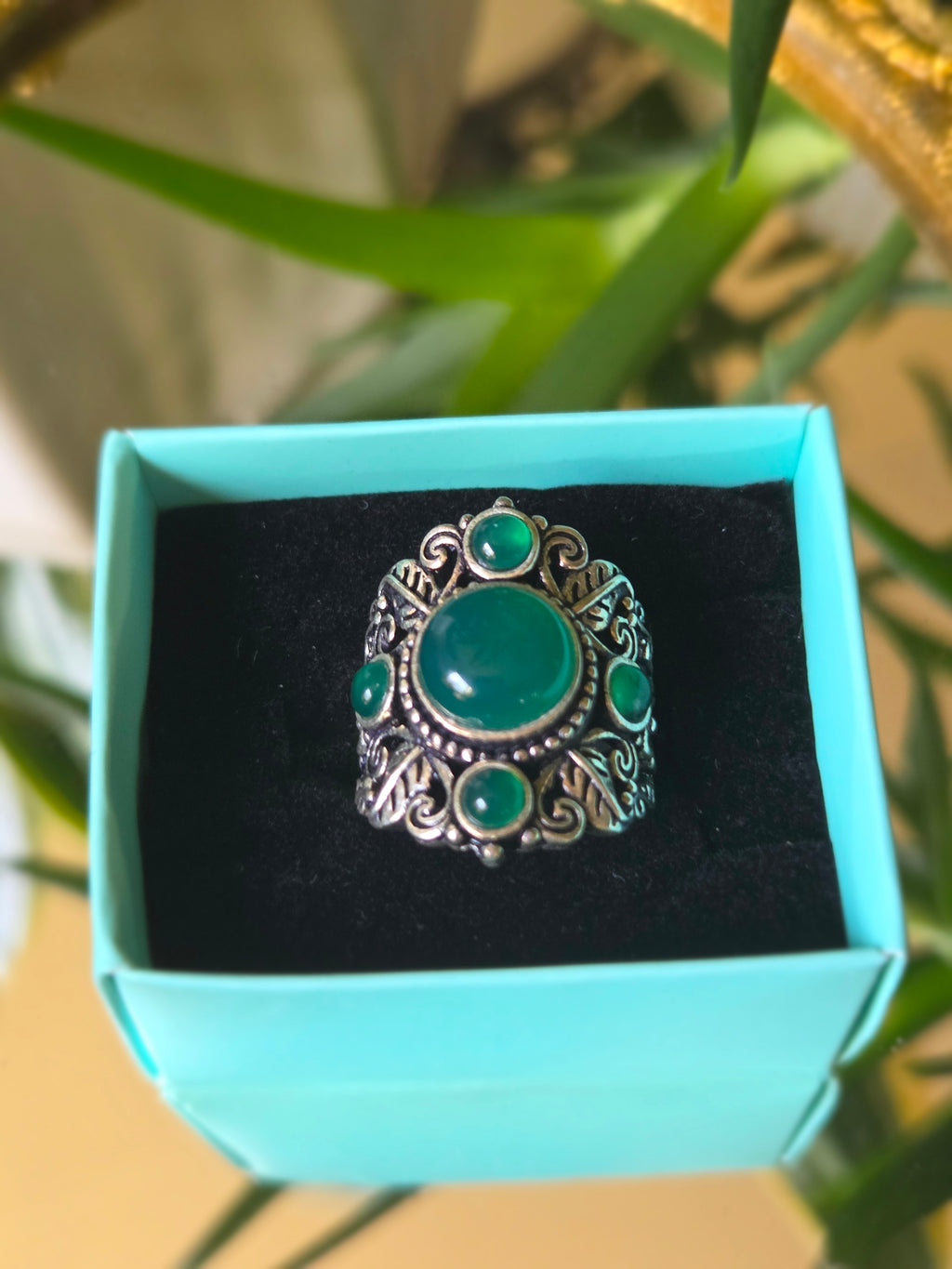 Sterling Silver and Green Cabochon Ring Sz 7.5