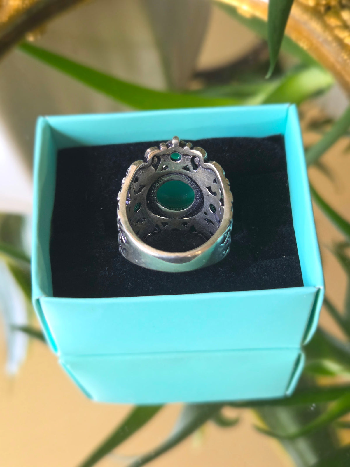 Sterling Silver and Green Cabochon Ring Sz 7.5