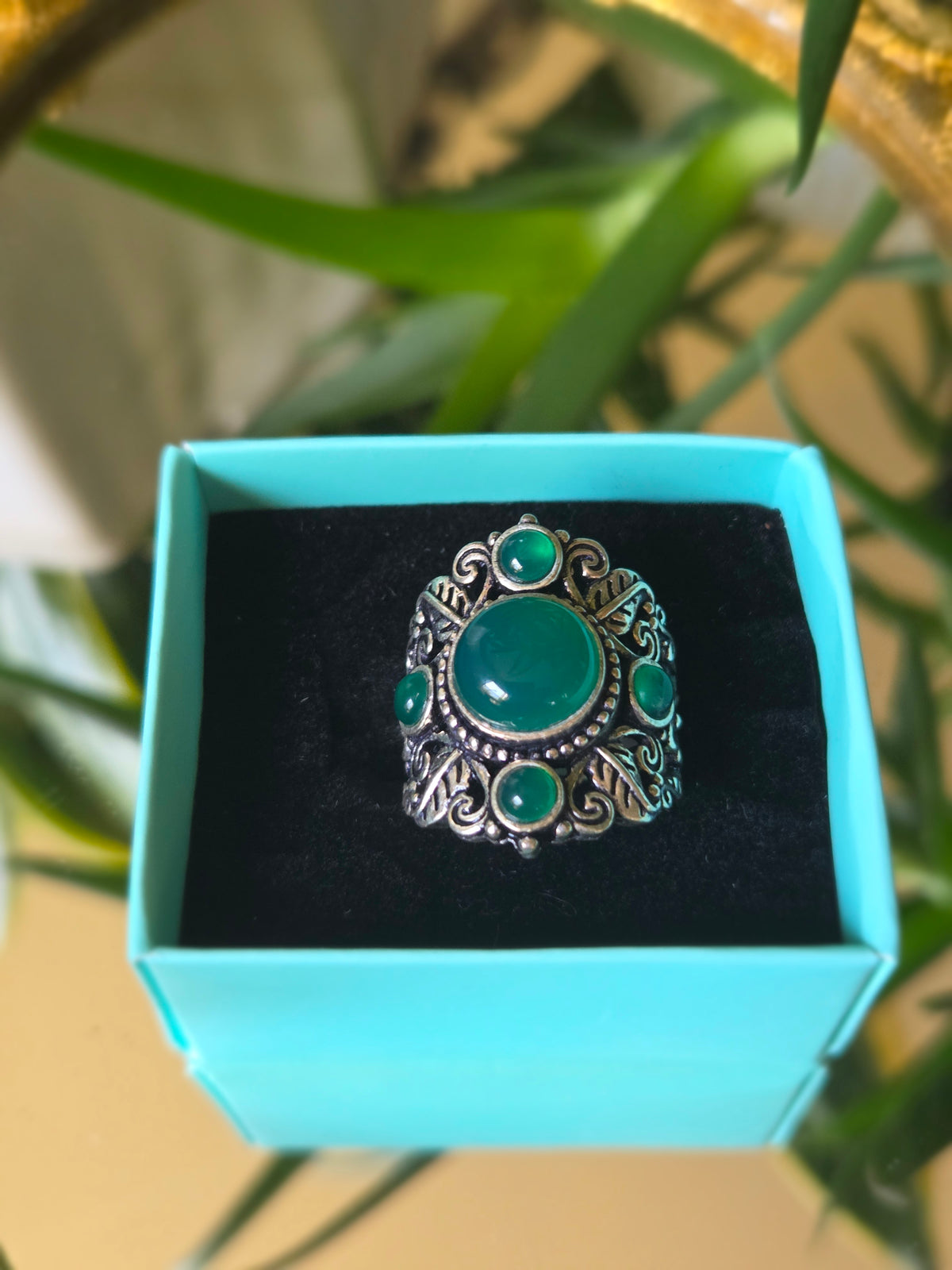 Sterling Silver and Green Cabochon Ring Sz 7.5