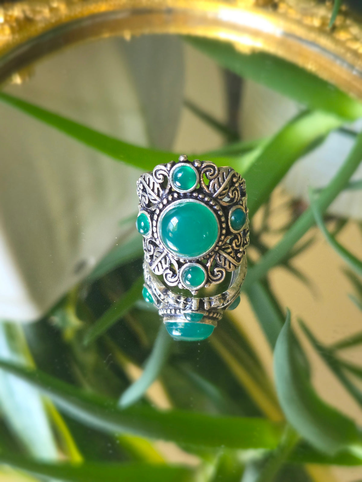 Sterling Silver and Green Cabochon Ring Sz 7.5