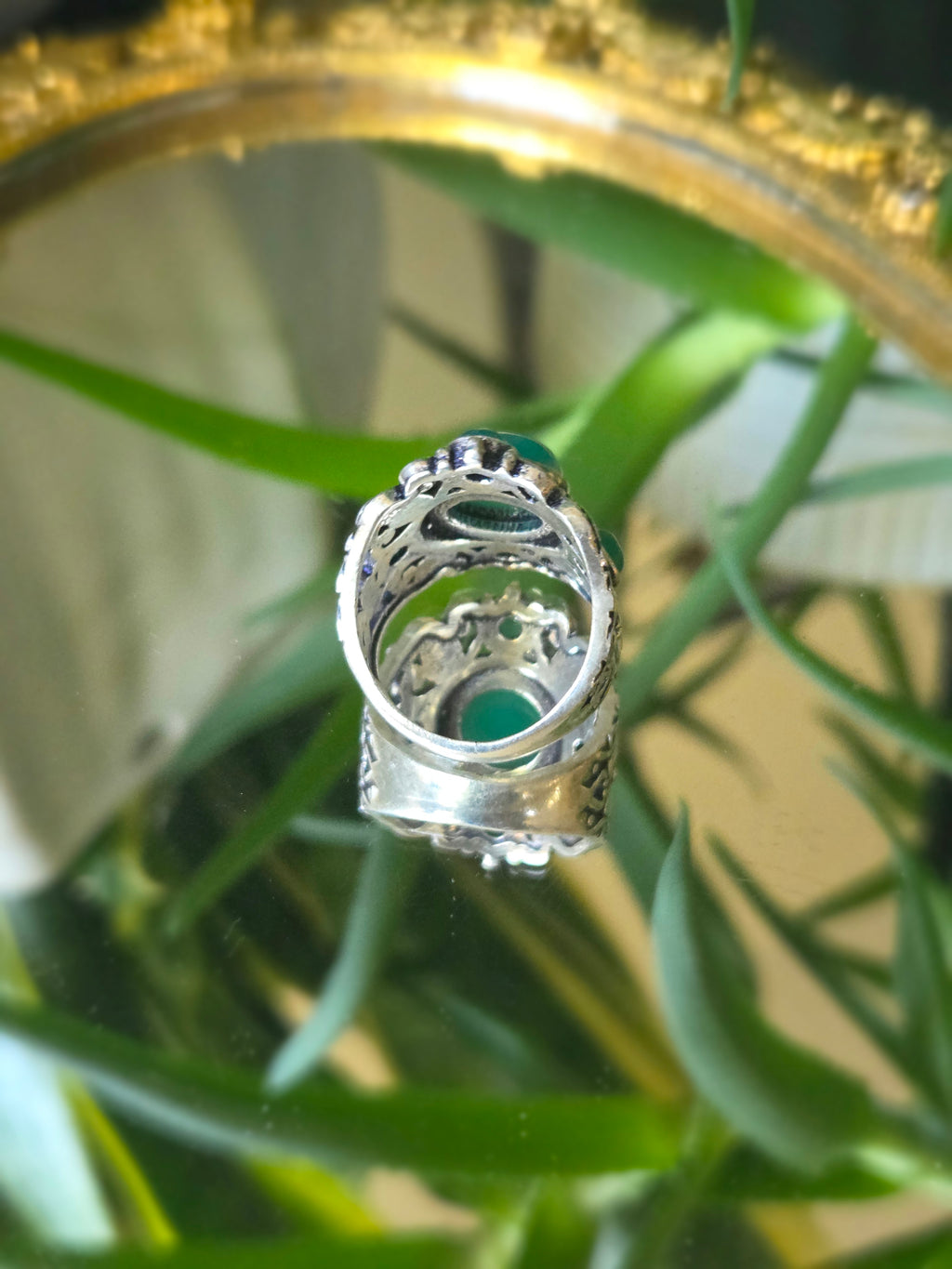 Sterling Silver and Green Cabochon Ring Sz 7.5