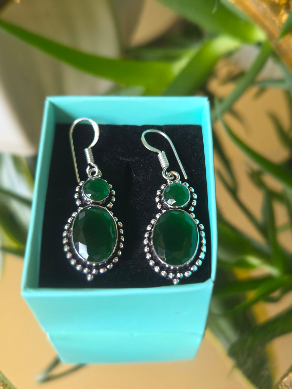 Sterling Silver and Green Cabochon Earrings