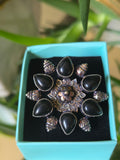 Silver Black Floral Ring Sz 7.25