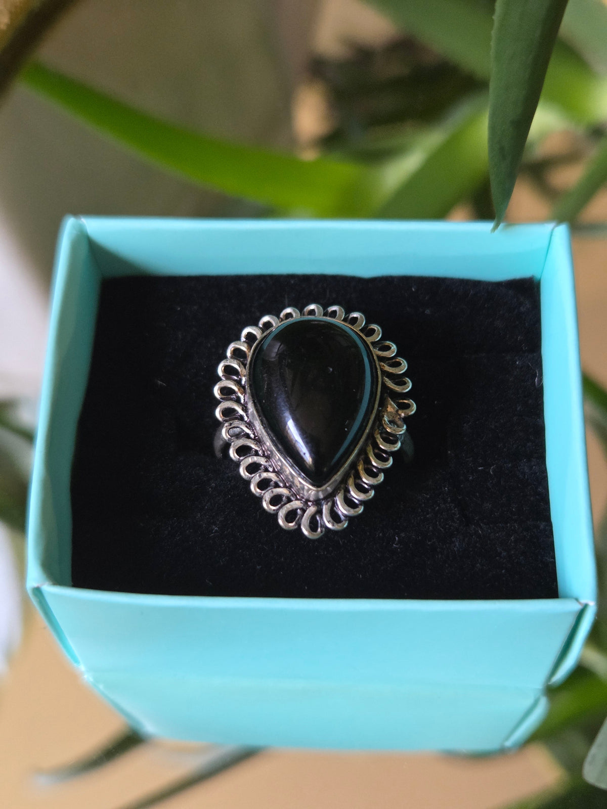 Sterling Silver and Black Cabochon Ring Sz 8.75