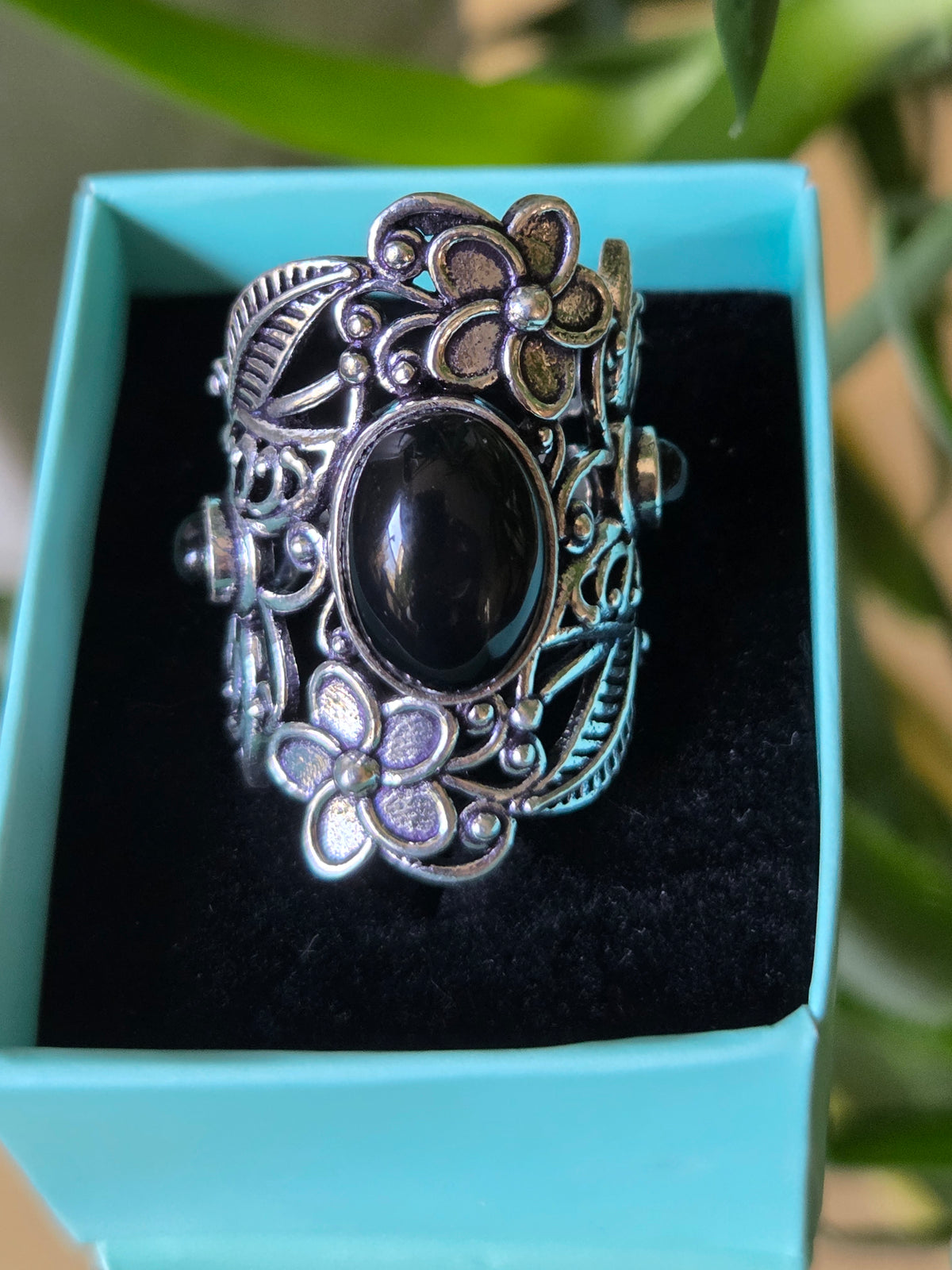 Sterling Silver and Black Cabochon Ring Sz 7