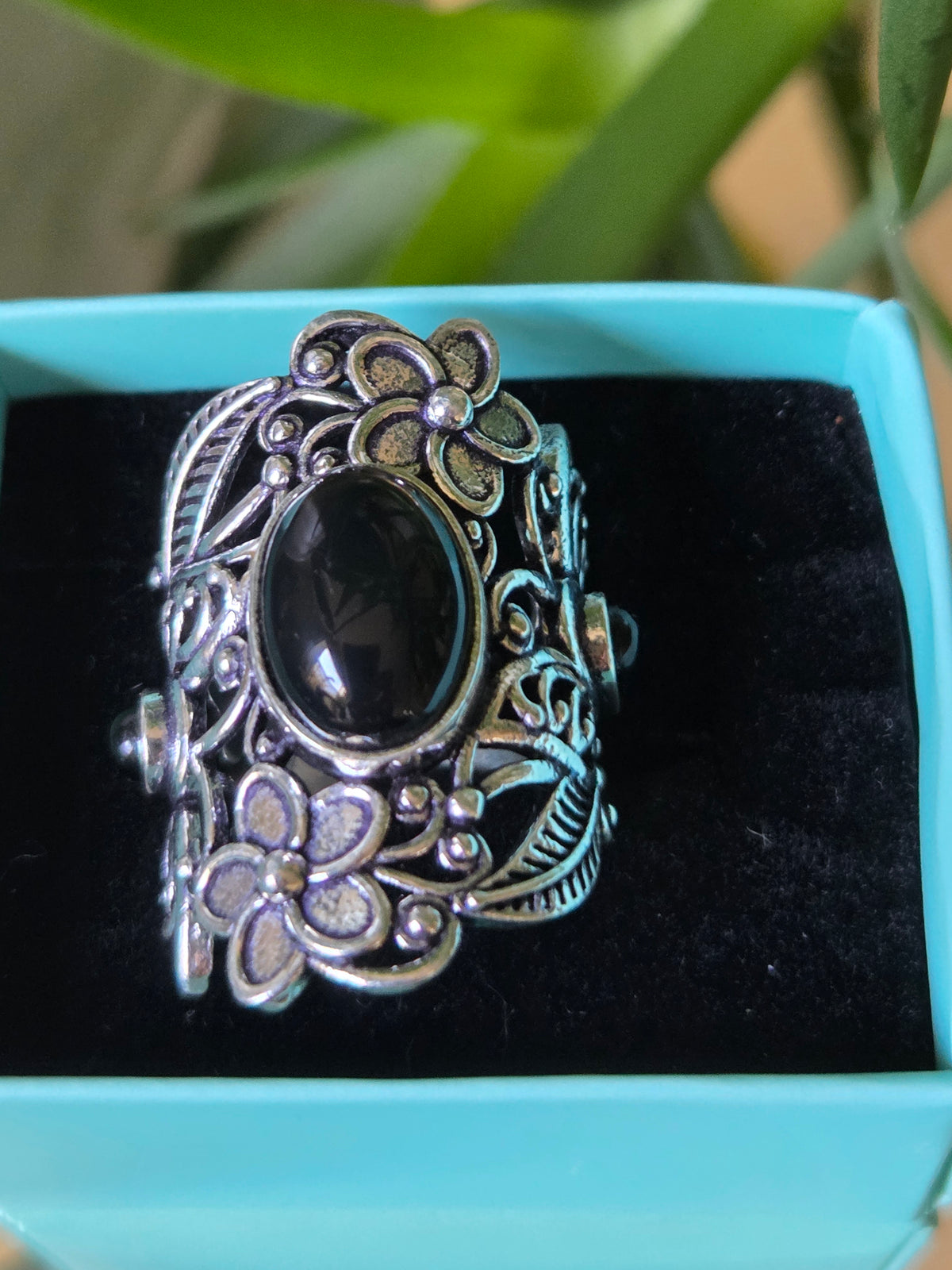 Sterling Silver and Black Cabochon Ring Sz 7