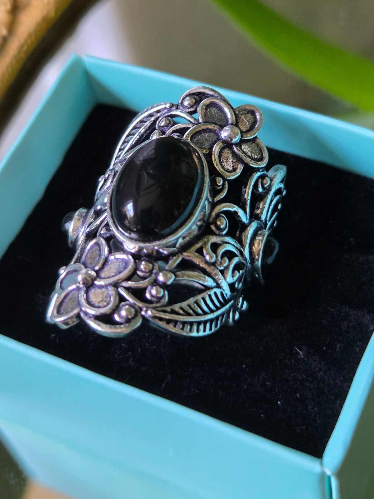 Sterling Silver and Black Cabochon Ring Sz 7