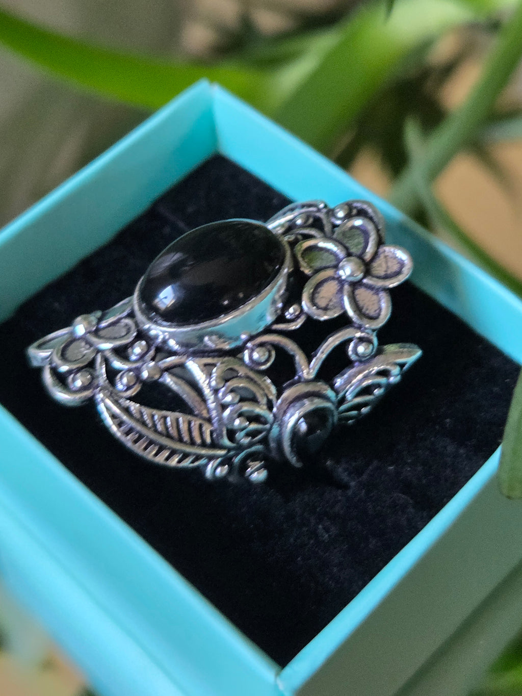 Sterling Silver and Black Cabochon Ring Sz 7