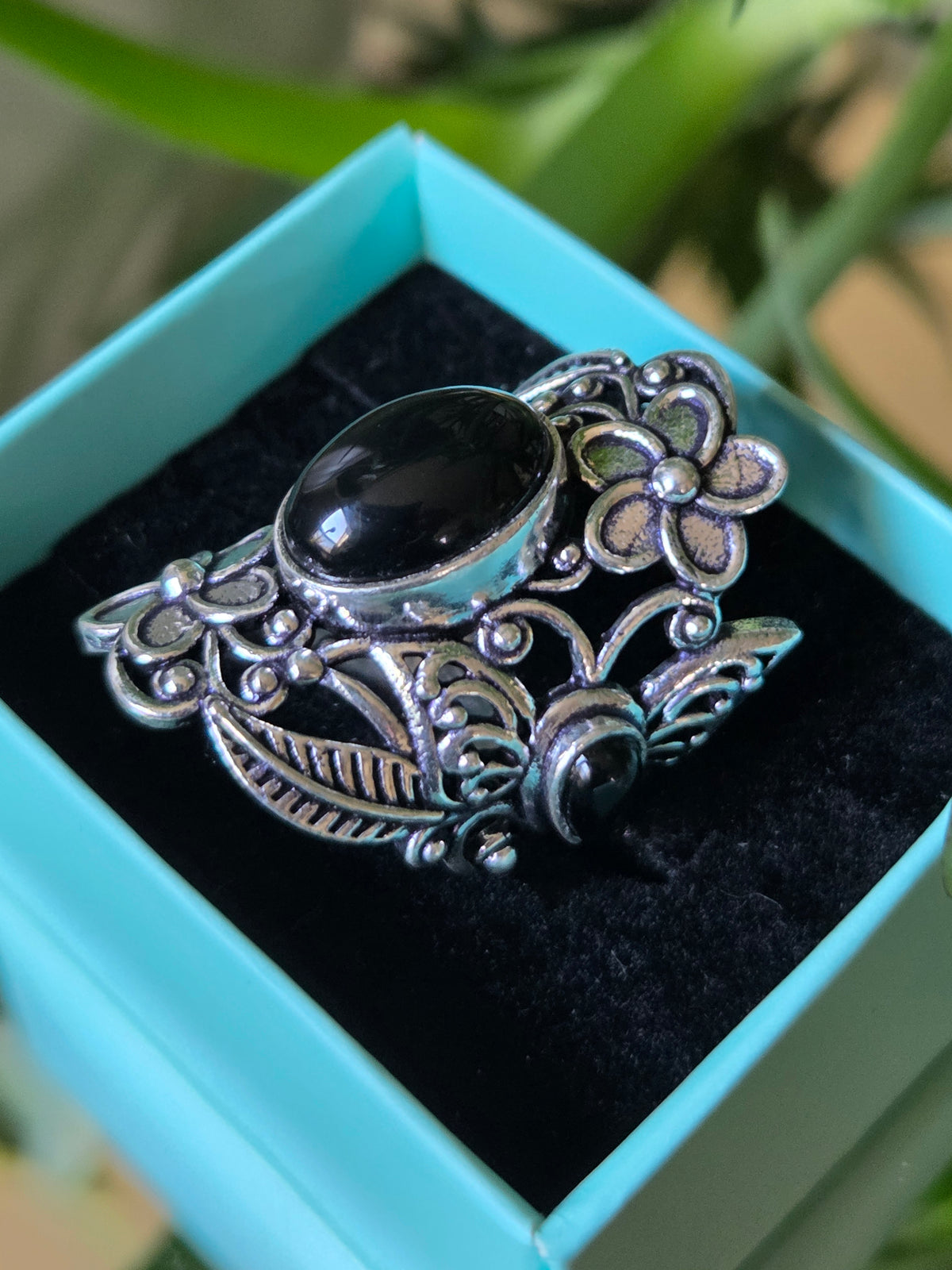 Sterling Silver and Black Cabochon Ring Sz 7