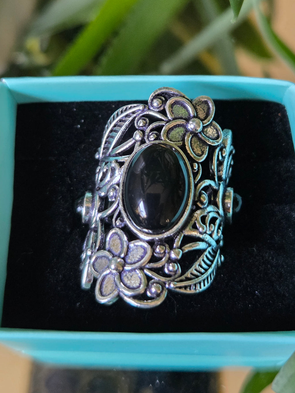 Sterling Silver and Black Cabochon Ring Sz 7