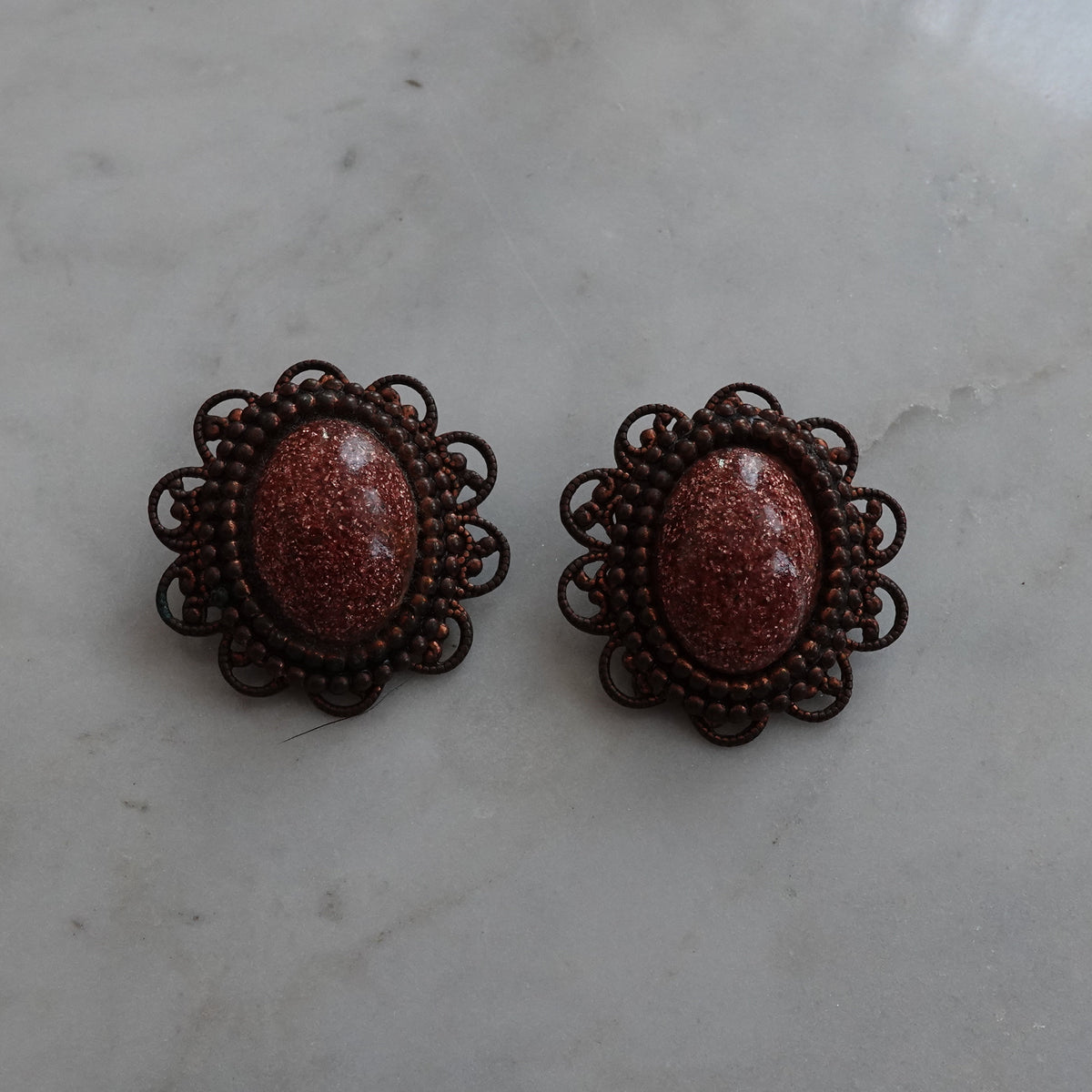 Copper and Faux Gemstone Clip On Earrings