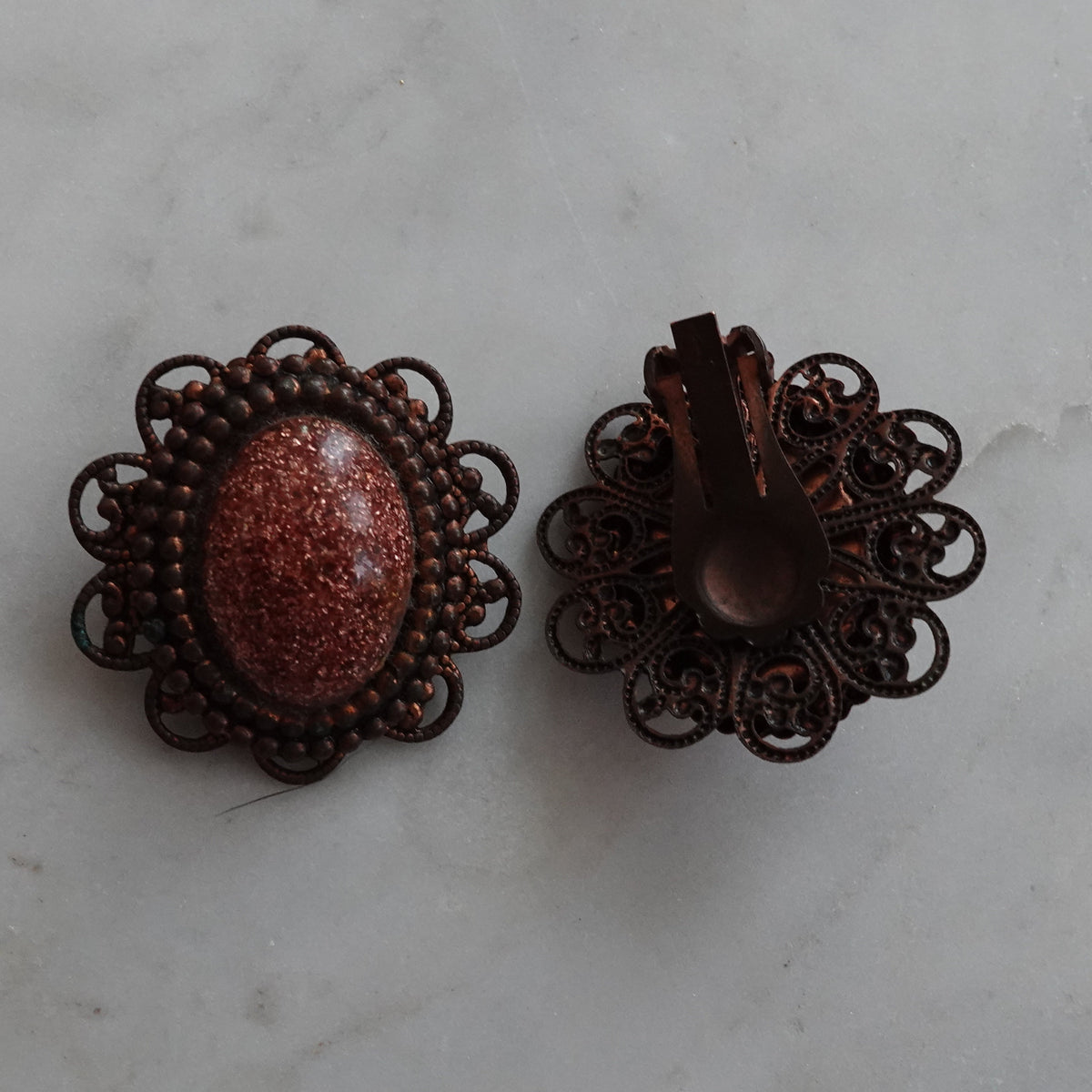 Copper and Faux Gemstone Clip On Earrings