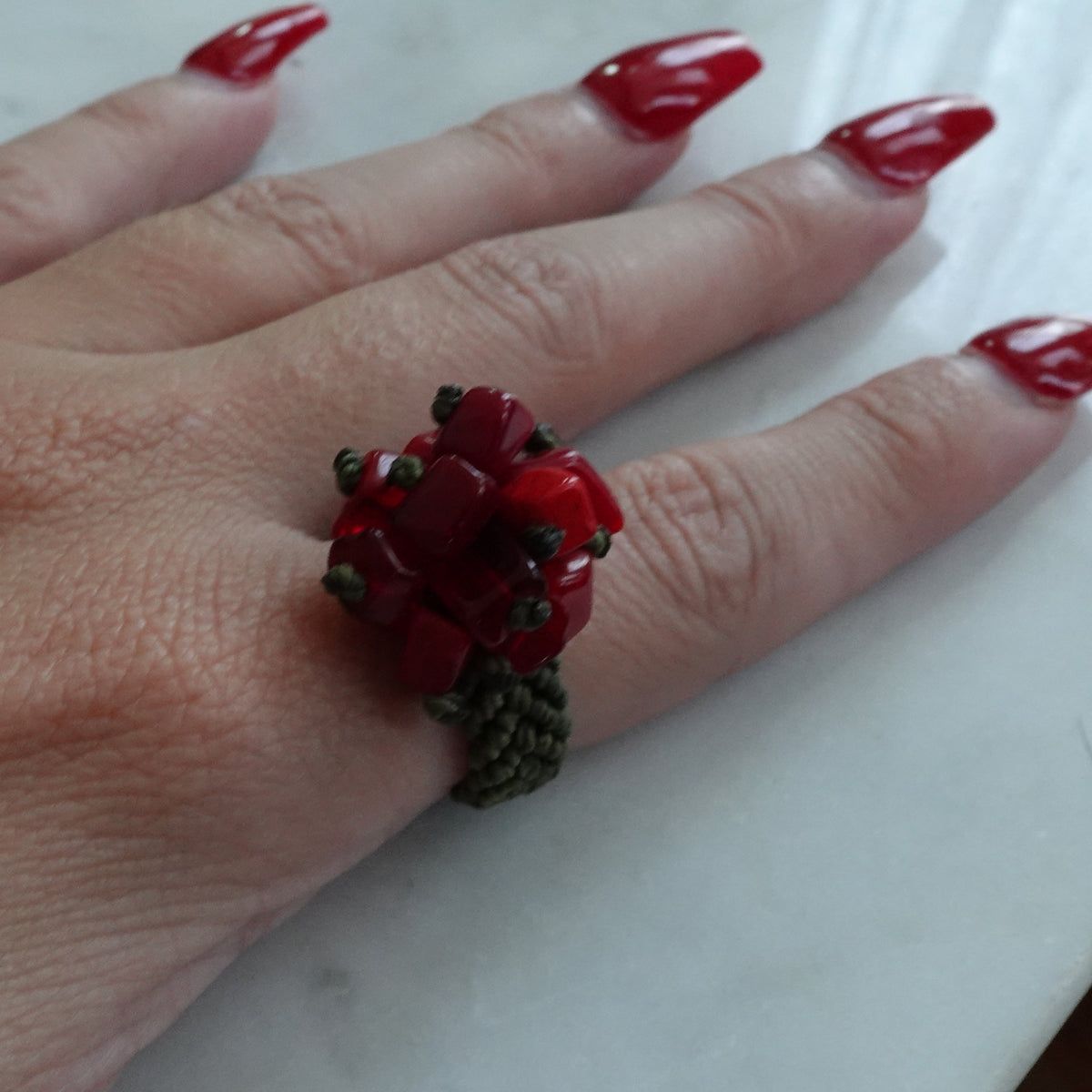 Braided Green and Red Ring