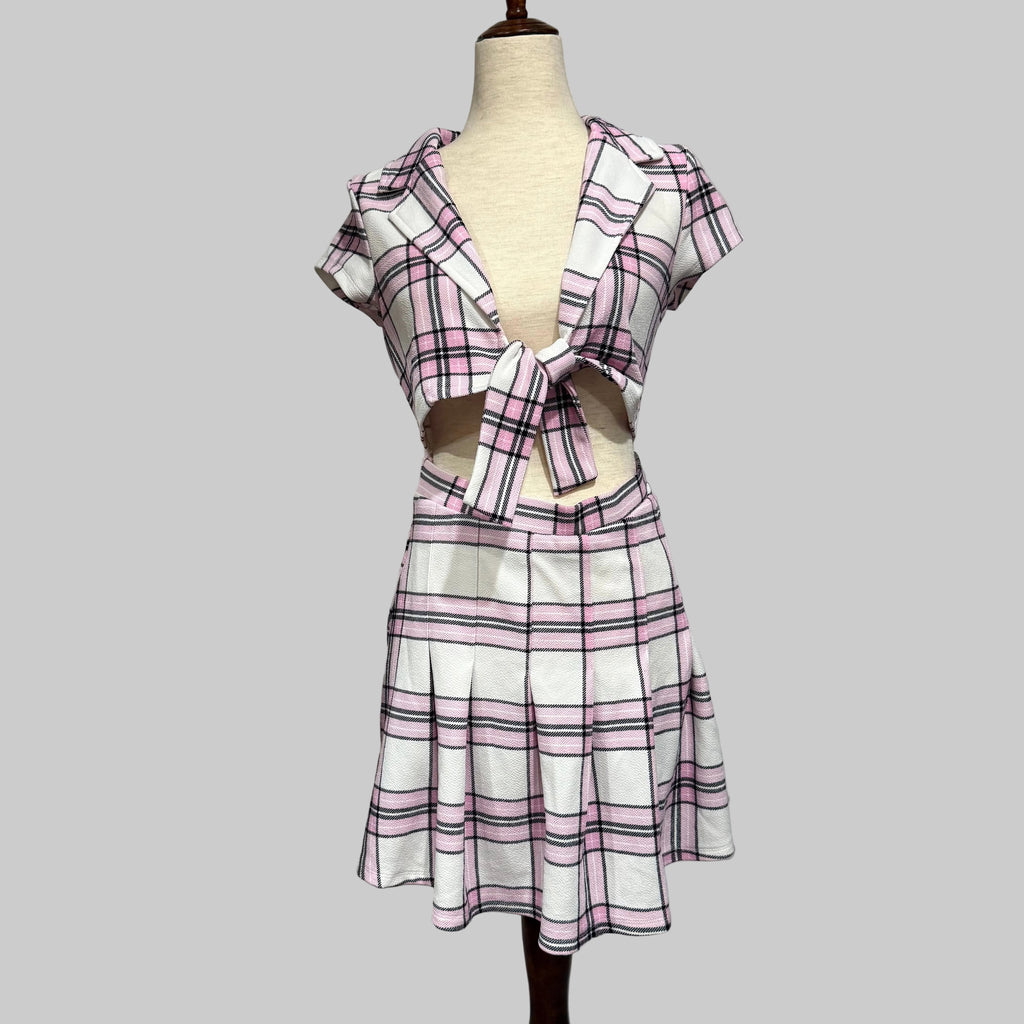 Almost Famous Pink Plaid Tie Front School Girl Dress