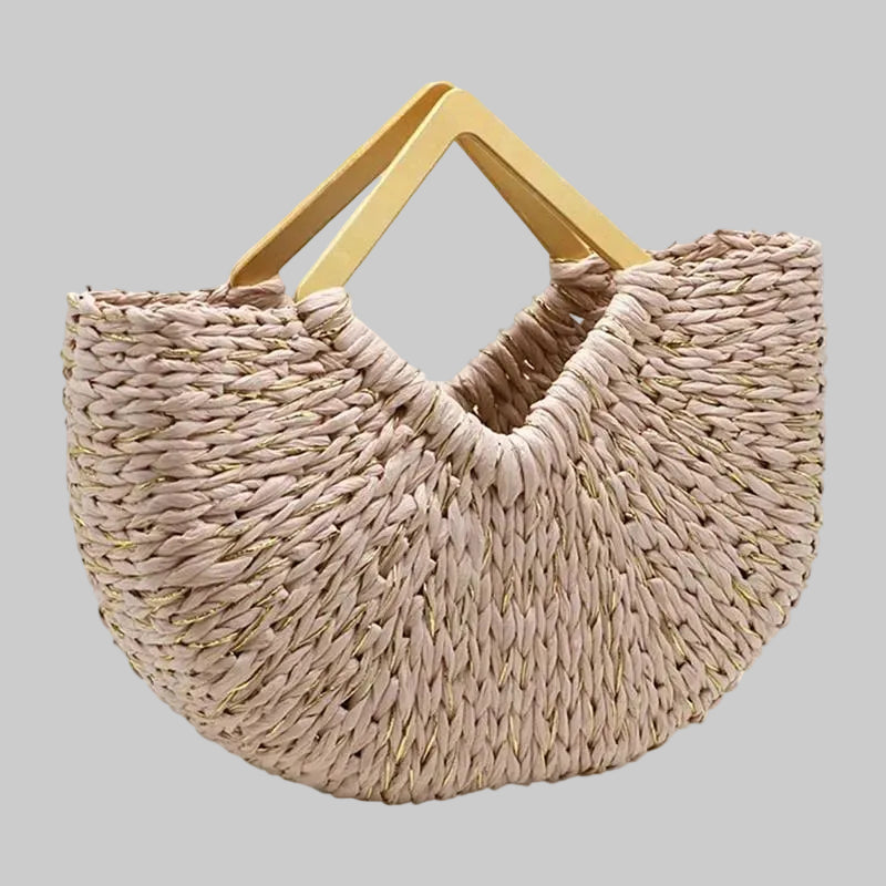Pink and Gold Jute Summer Handbag with Wooden Handle
