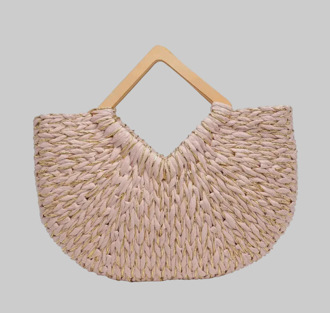 Pink and Gold Jute Summer Handbag with Wooden Handle