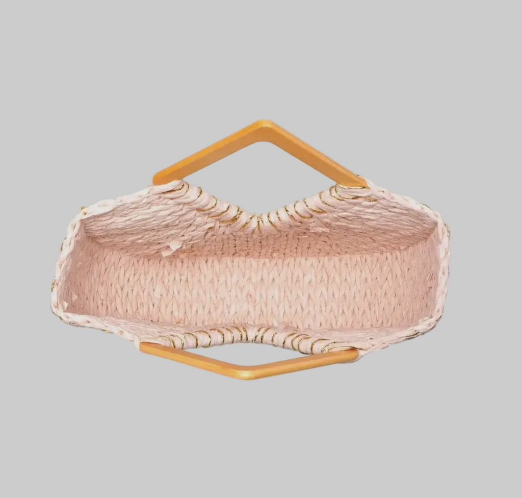 Pink and Gold Jute Summer Handbag with Wooden Handle