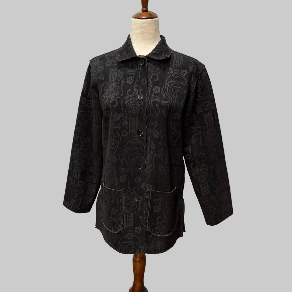CHICOS Black Patterned Jacket Super Soft Brown Lining