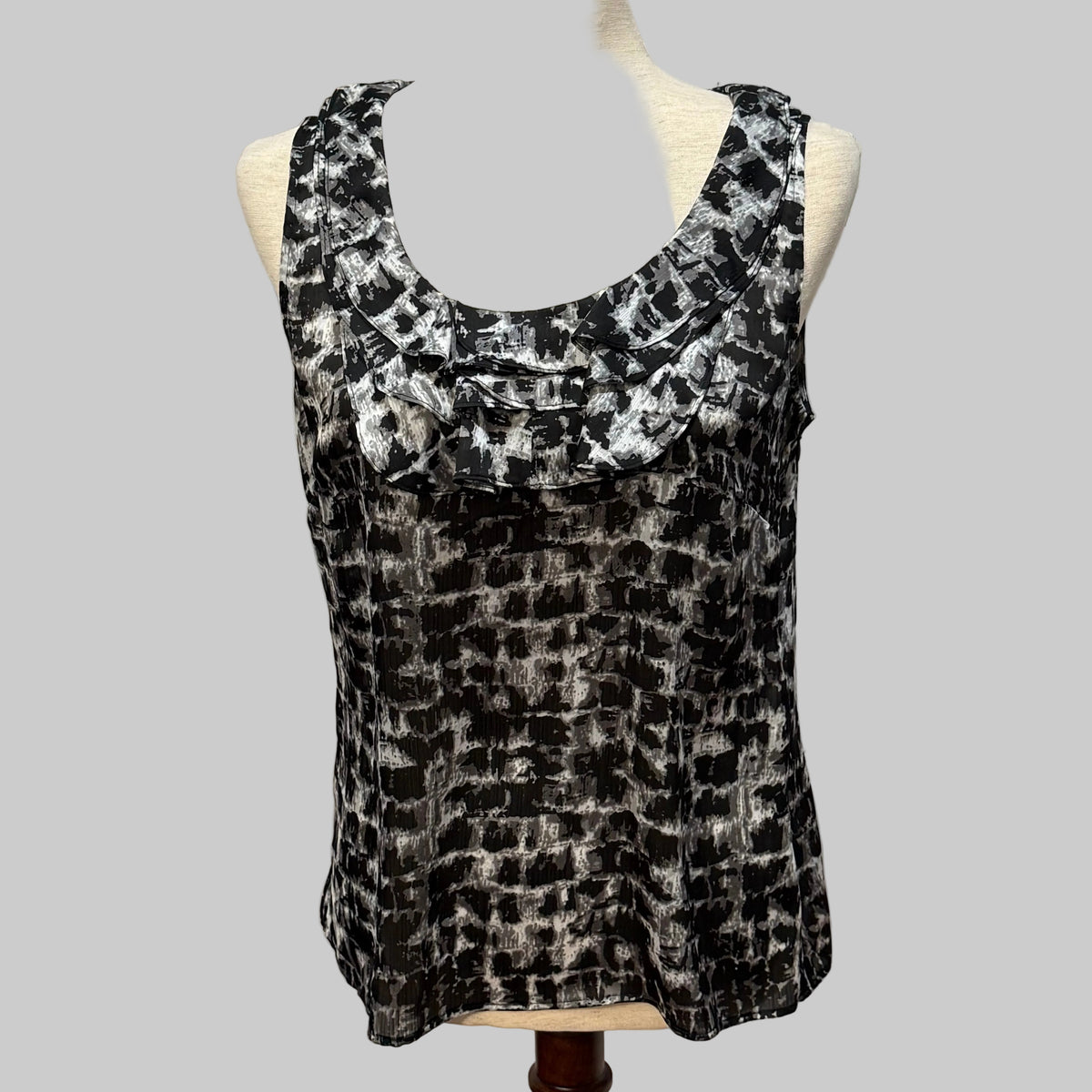 Tahari by Arthur S. Lavine | Ruffled Neckline Gray & Black Sleeveless Blouse
