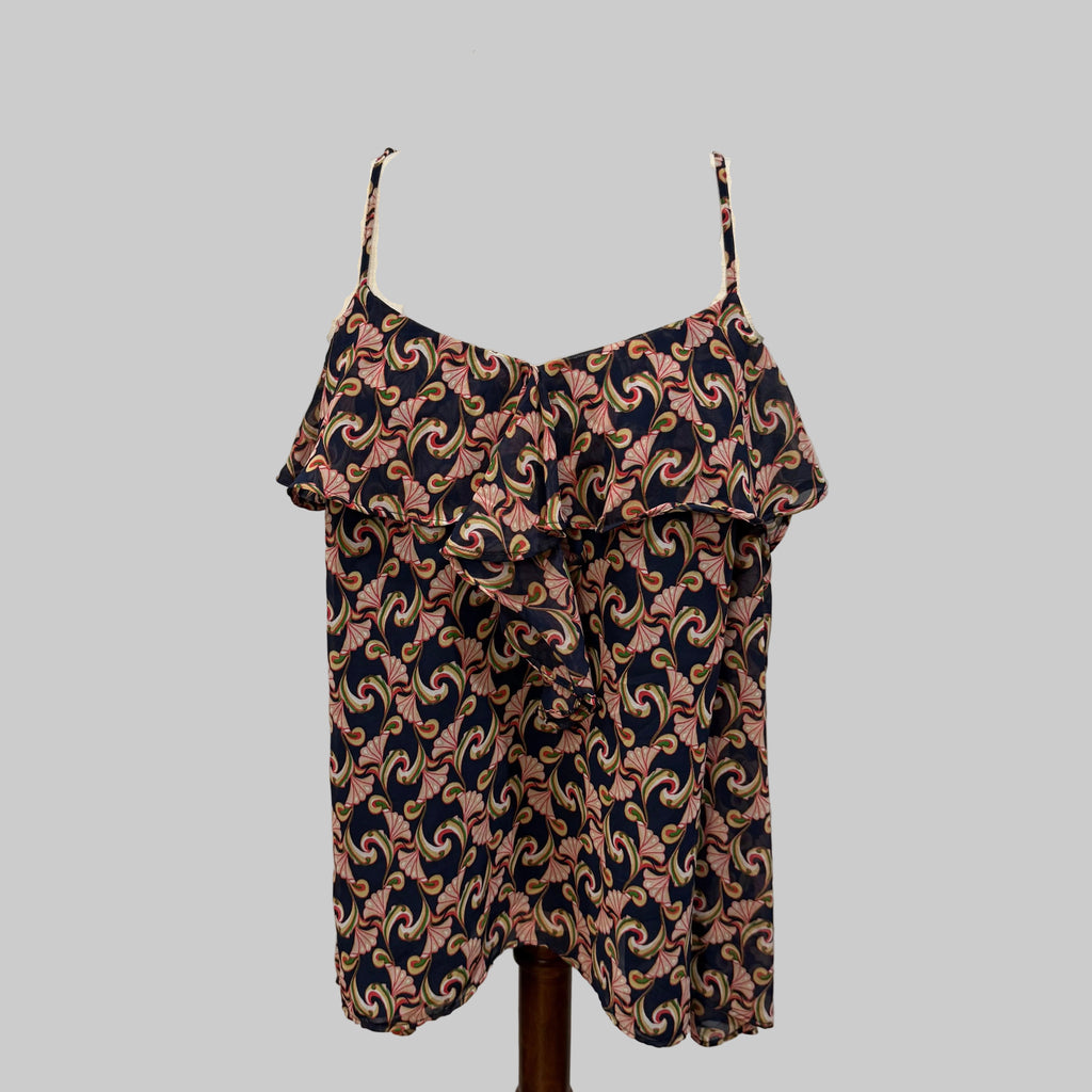 The Webster @ Target | Ruffled Neckline Navy Blue Patterned Blouse