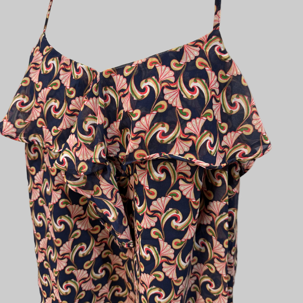 The Webster @ Target | Ruffled Neckline Navy Blue Patterned Blouse