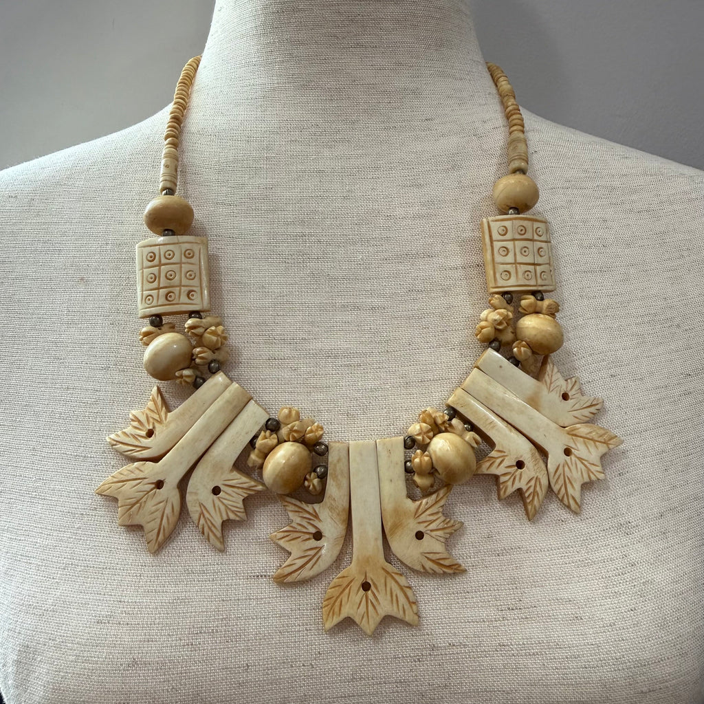 Vintage Hand Carved Bone Statement Necklace