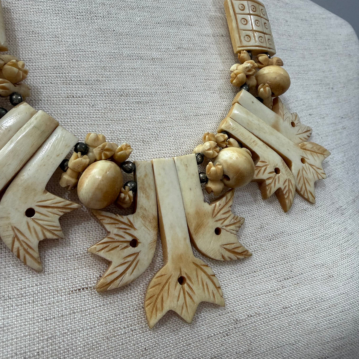 Vintage Hand Carved Bone Statement Necklace