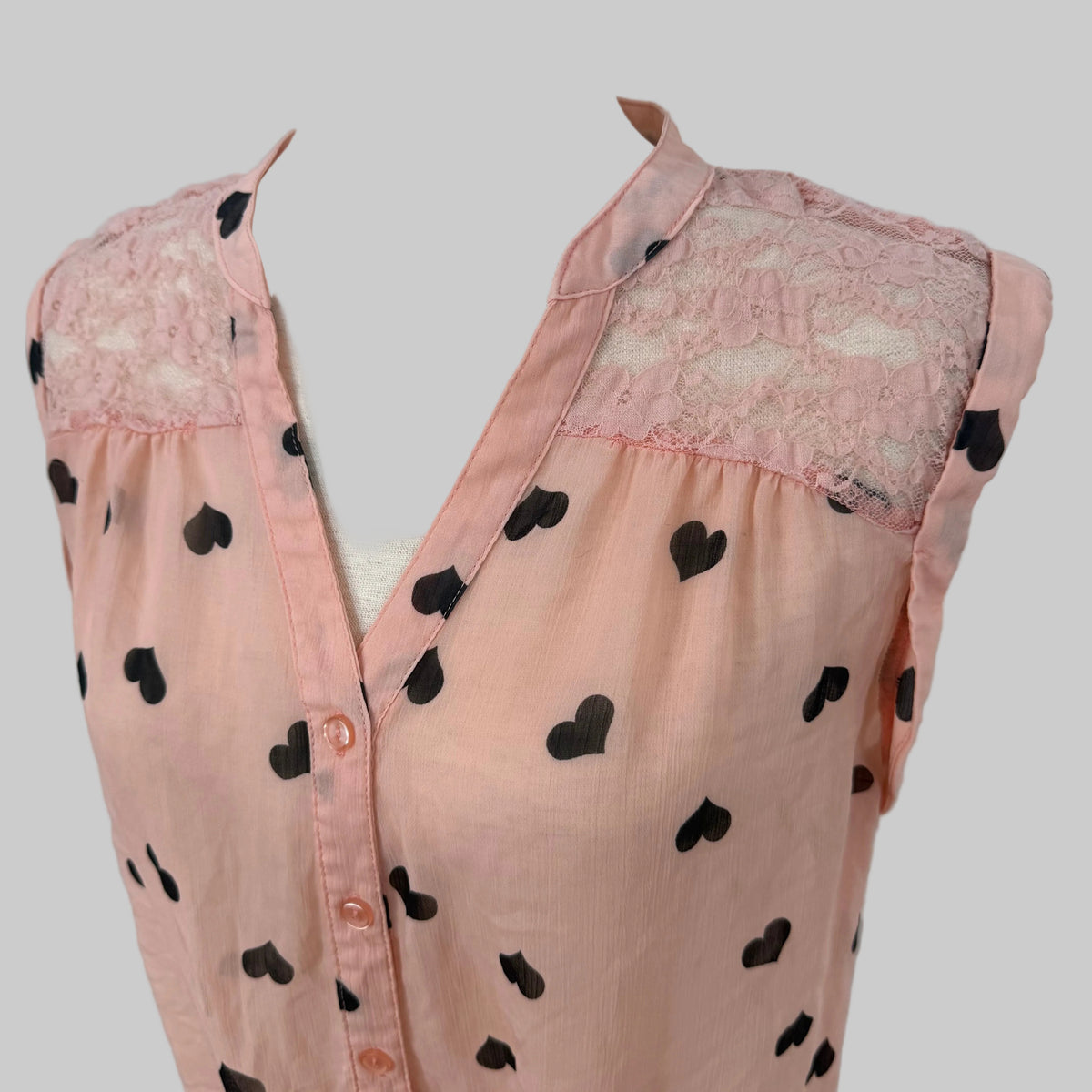 No Boundaries | Y2K Sheer Pink Blouse with Black Hearts